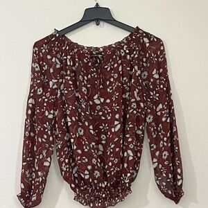 Express Cute Burgundy Floral Peasant Blouse, Size SP